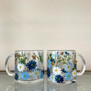 2pc Hand Painted Clear Glass Mugs Blue Daisy Floral Rhinestone Bumblebees New